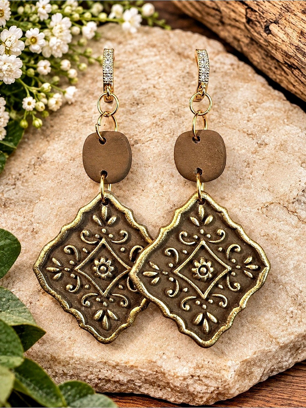 Brown & Gold Geometric Statement Drop Handmade Polymer Clay Earrings